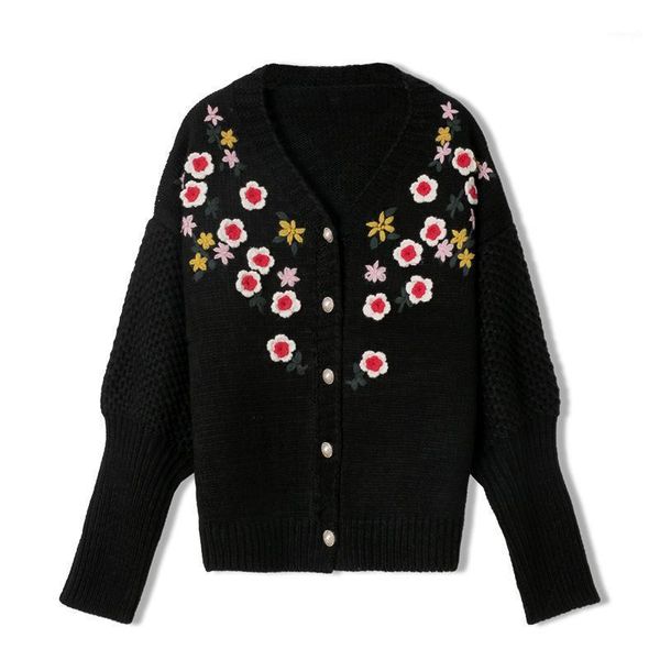 

athleisure fashion runway design elegant jumper lady vintage black single breasted 3d flower cardigan knitting women sweater1, White
