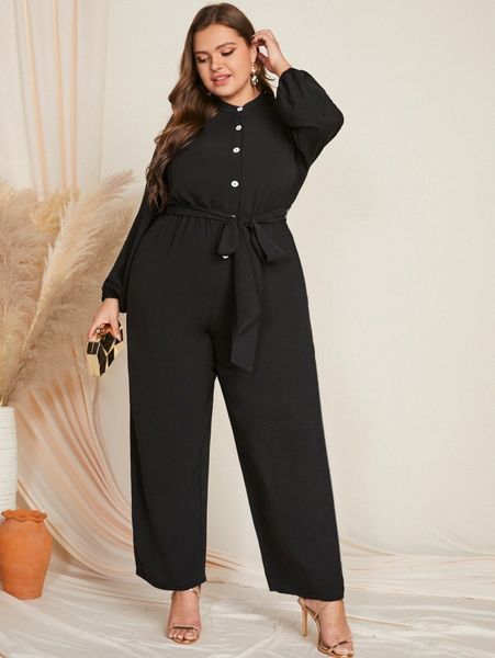 

plus lantern sleeve belted shirt jumpsuit x9nj#, Black