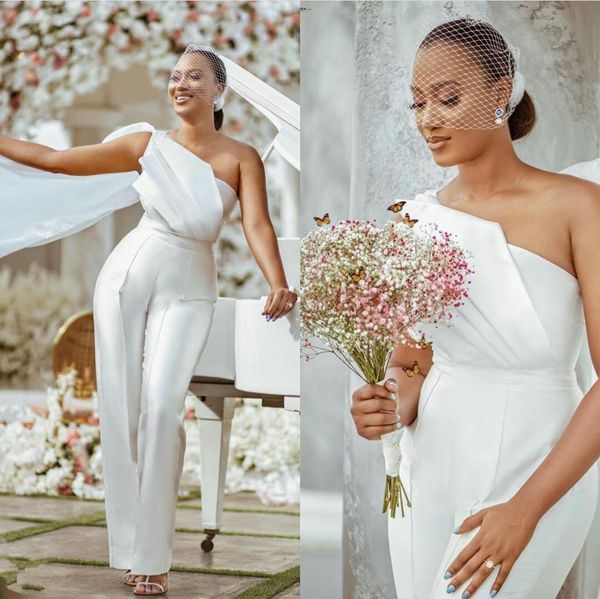 

elegant one shoulder sheath wedding dresses 2021 plus size satin ruched jumpsuits custom made pants suit women p shoot dress al7161, White