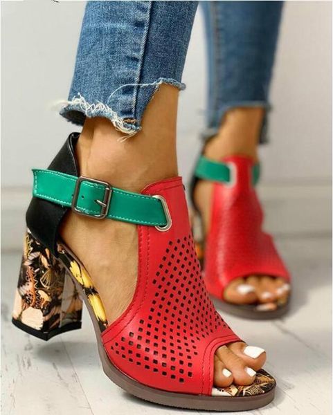 

women sandals summer shoes flock block heels buckle strap ladies classic sandals female fashion high heels zapatos de mujer, Black