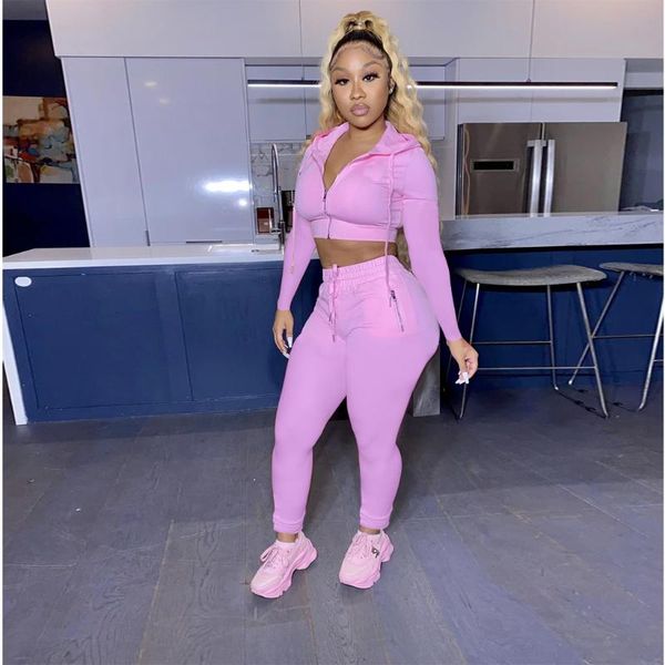 

women casual 2-piece outfit tracksuit long sleeve zipper crop hoodies drawstring skinny trousers sport set, Gray