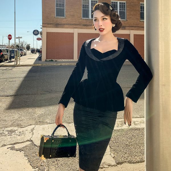 

2021 new le palais original winter fall from the elegant vintage velvet jacquard dress tight + coat 2 piece defines women's clothes keg, Black;gray
