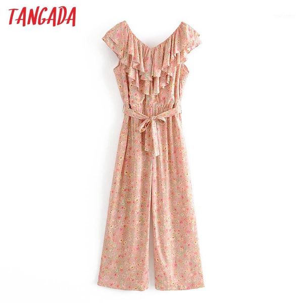 

tangada women summer print long jumpsuit ruffles short sleeve slash shoulder off female casual jumpsuit 3h8911, Black;white