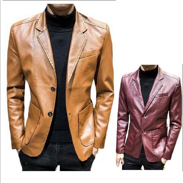 

leather blazer men solid color faux leather suit jacket long sleeve lapel men's jackets and coats, Black