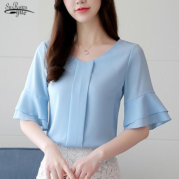 

blusa 2020 plus size summer women's blouses flare casual chiffon shirt short sleeve v neck women loose solid shirts 8794, White