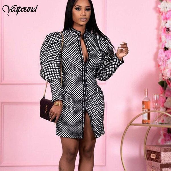 

plaid print split women's dress office wear ladies slim zipper short dresses autumn puff long sleeve female clothing1, Black;gray