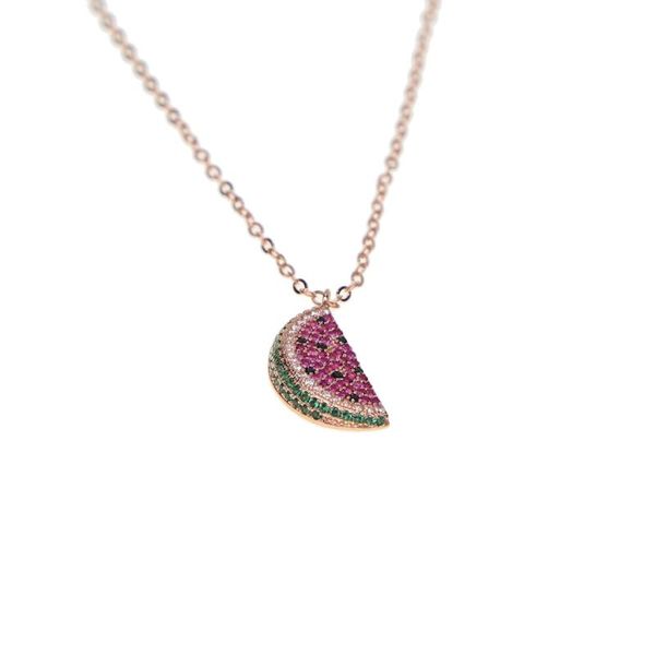 

summer jewelry tiny jewel color cz paved watermelon necklace mini cherry charm fruit watermelon slice pendant necklaces, Silver