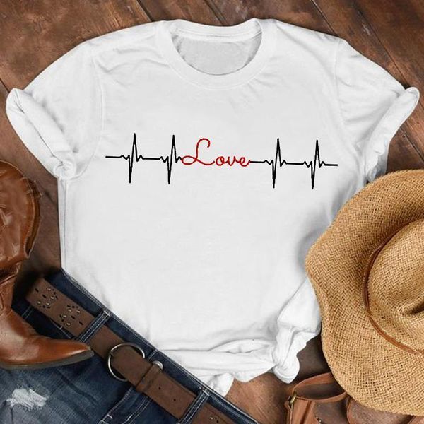 

love heartbeat print t shirt women short sleeve o neck loose tshirt women tee shirt female clothes camisetas mujer, White
