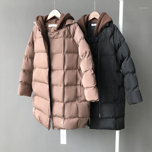 

winter women coats medium long thick parkas with pockets solid coat warm long sleeve hooded jackets casual korean clothing1, Black