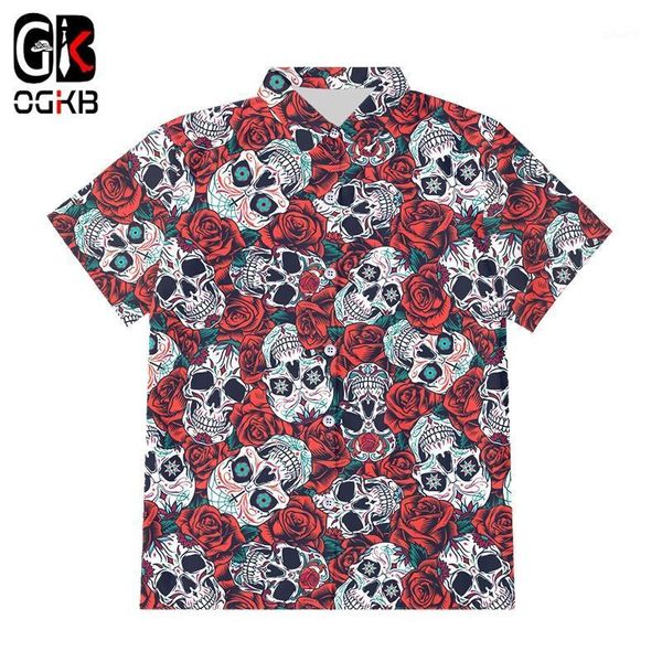 

ogkb eu size 3d printed skull flower button shirt cool men's short sleeve shirt summer hiphop streetwear plus size shirts1, White;black