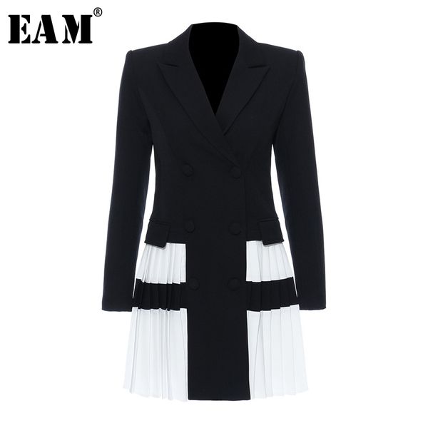 

[eam] women black contrast color pleated blazer new lapel long sleeve loose fit jacket fashion tide spring autumn 1t306 201103, White;black
