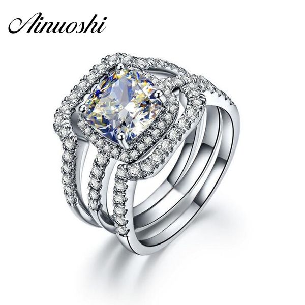 AINUOSHI Luxury Bridal Wedding Ring Set 925 Solid Sterling Silver 3 Carat Cushion Cut NSCD 3PC Women Engagement Halo Ring Set Y200107