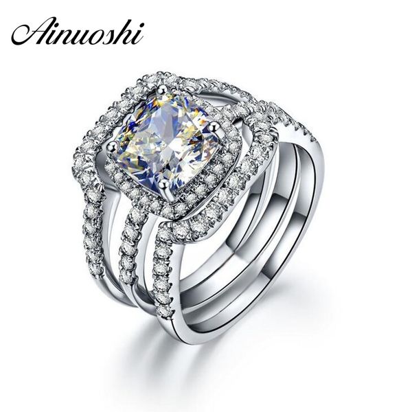 

ainuoshi luxury bridal wedding ring set 925 solid sterling silver 3 carat cushion cut nscd 3pc women engagement halo ring set y200107, Slivery;golden