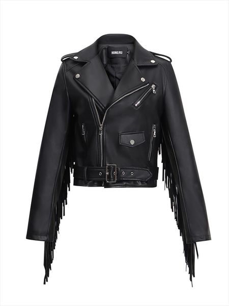 

hong ru 2021 autumn new leather fringed jacket womens tassel leather coat short slim fit waist motorcycle jacket fashion, Black