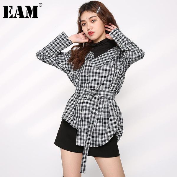 

eam] women plaid irregular black big size blouse new turtleneck long sleeve loose fit shirt fashion spring autumn 2021 1dc015011, White