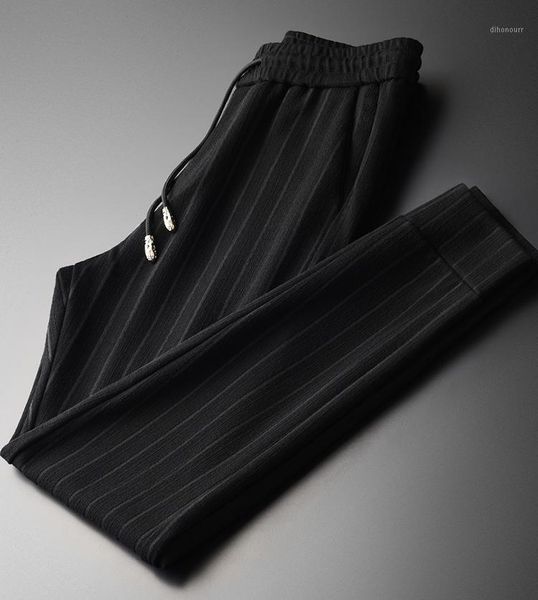 

men's pants minglu wool man plus size 4xl luxury yarn-dyed vertical stripes spring slim men casual elastic waist mens trousers1, Black