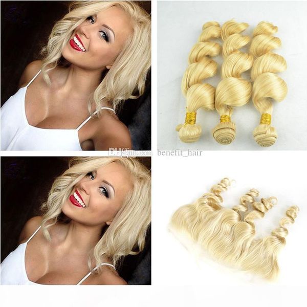 

blonde # 613 lace фронтального закрытия связки с волосами пучков платины сыпучей волны человеческих волос с 13x4 уха до уха полного шнурка ф, Black