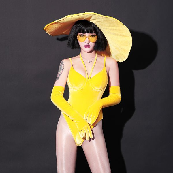 

stage costumes for singers bodysuit big hat pole dance clothing celebrity rave outfit nightclubÂ djÂ ds dancer wear, Black;red