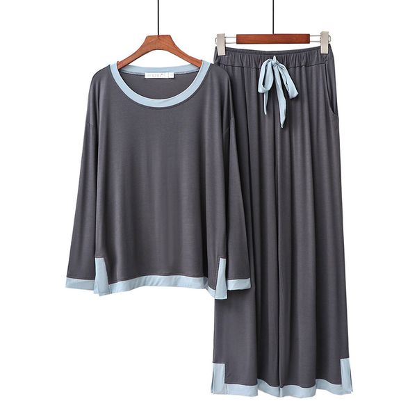 

new modal round neck long sleeve women pajamas contrast wide leg pants pijamas spring casual two piece home wear loose sleepwear h1210, Black;red