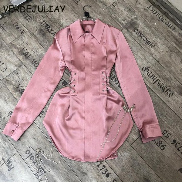 

verdejuliay runway fashion pink blouse slim bodycon waist bandage high street chian irregular elegant long blouse, White