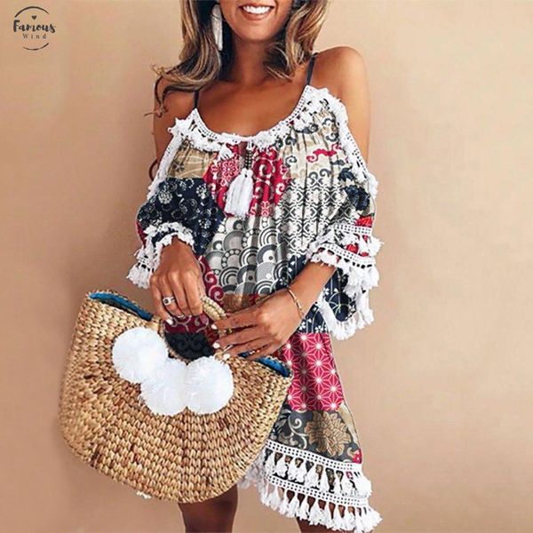 

bohemian dress 2020 elegant dress women off shoulder dress tassel bohemia printed cocktail party beach dresses g3, Black;gray