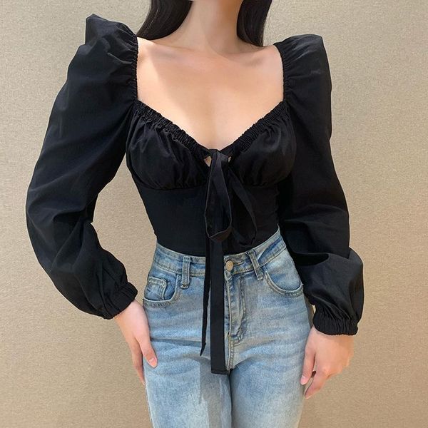 

drawstring v neck women blouse street backless elegant slim crop autumn black white puff sleeve blusas mujer de moda