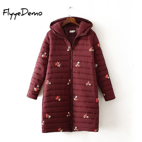 

cotton-padded jacket winter parkas winter floral embroidery hooded coat plus size thick warm long parkas plus size 201014, Black