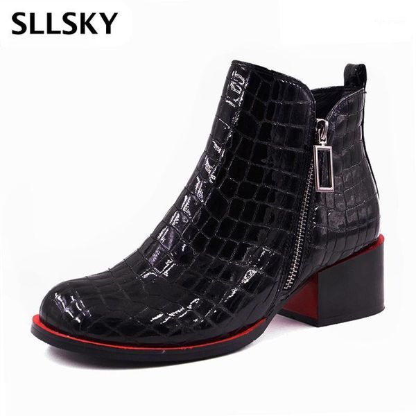 

boots sllsky women ankle fashion shoes 2021 woman genuine leather black winter warm wool snow square heel1