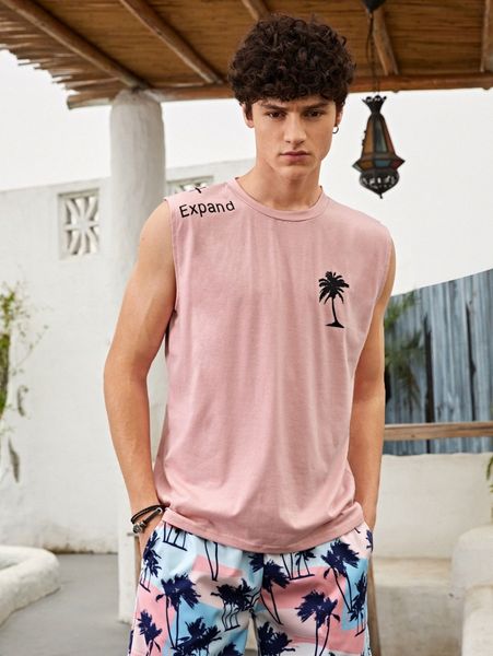 

men letter and tropical print tank h97g#, White;black