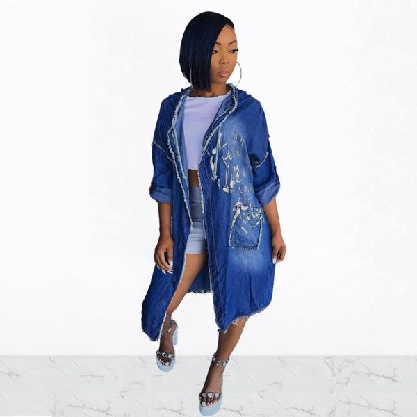 

women's jackets women autumn long sleeve hooded cloak coat vintage print pocket denim plus size casual loose office lady jacket, Black;brown
