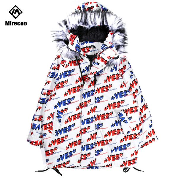 

mirecoo parka men winter long jacket letter printed hooded fur collar winter jacket men hip hop coat oversize streetwear, Black