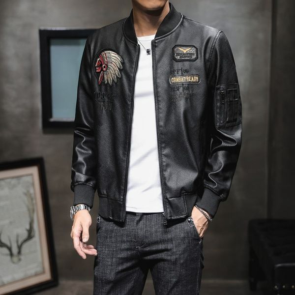 

men pu leather jacket baseball collar embroidered motorcycle jacket casual trend leather jacket, Black