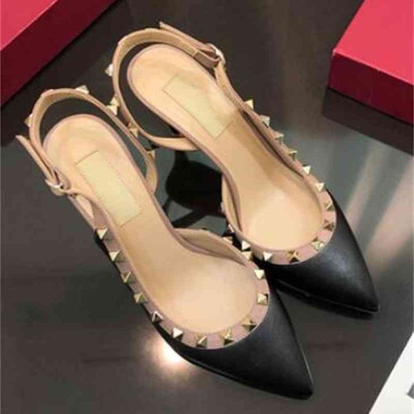 

sale- pointed toe with studs high heels genuine leather rock rivets sandals women studded strappy dress shoes slingbacks pumps+box, Black