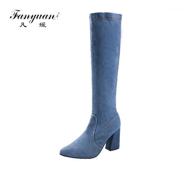 

fanyuan spring fetish high-heeled women knee high boots mature pointed toe denim boots ladies dress/party wear block heels shoes1, Black