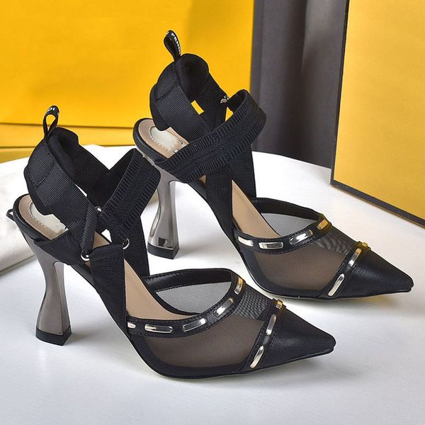 

mesh women's heels gladiator designer sandals ankle strap pointed toe women's party shoes, Black