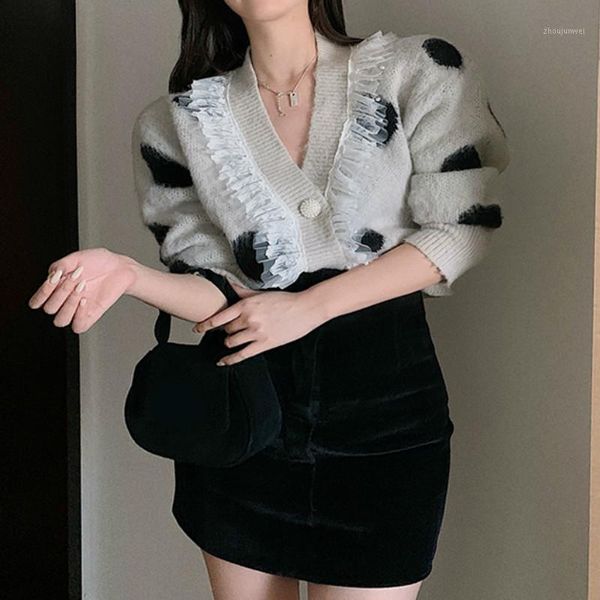 

lace patchwork cardigans women autumn winter 2020 korean single breasted v-neck lady sweaters loose casual female a1071, White
