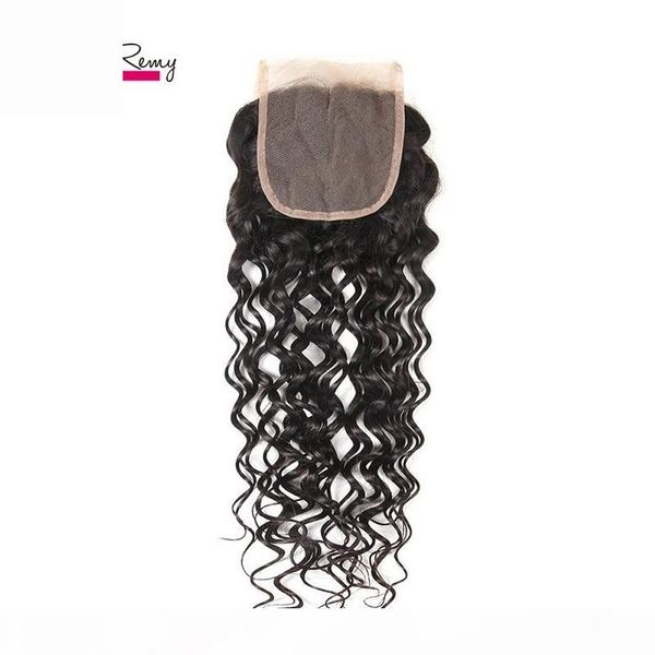 

greatremy water wave lace closure 100% indian remy hair weave big curly part 4*4 lace closure hairpieces natural color dyeable, Black