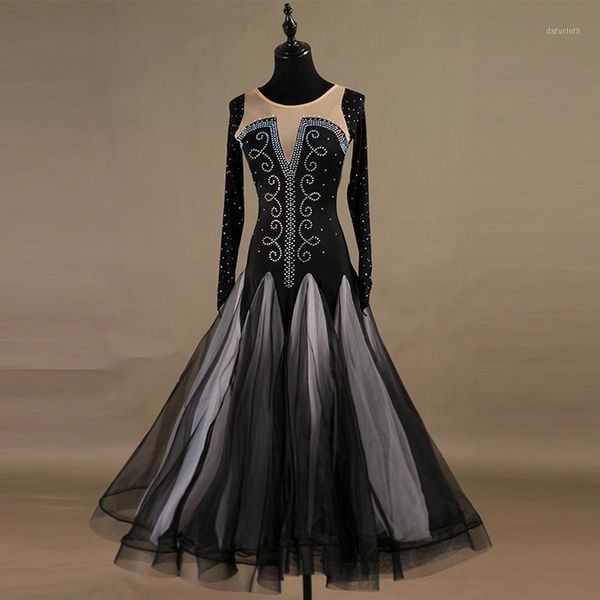 

waltz ballroom competition dance dress lady's long sleeve shiny diamond stage dancing skirt tango ballroom dance dresses women1, Black;red