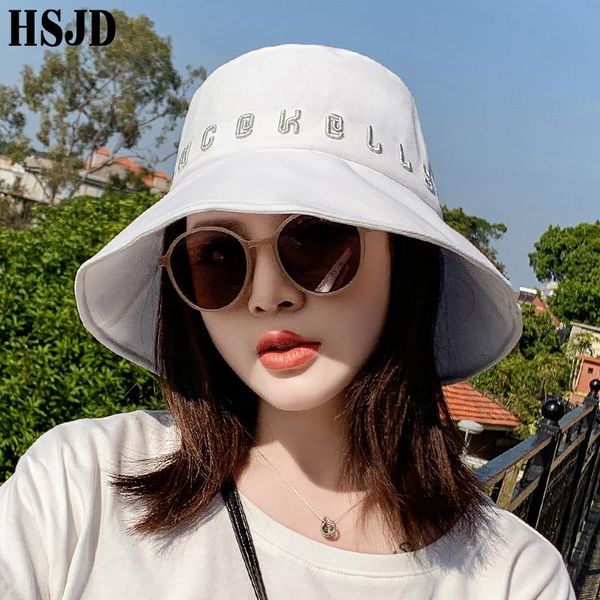 

wide brim hats korean 3d letters embroidery bucket women summer caps foldable cotton sun hat beach anti-uv female fisherman cap, Blue;gray