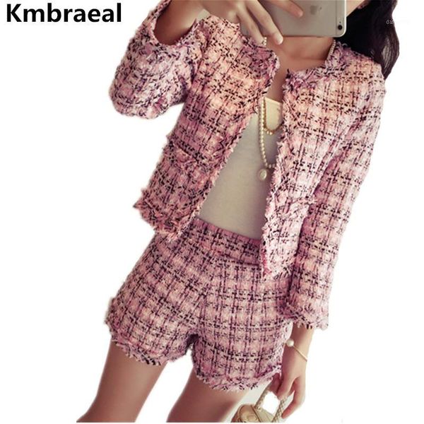 

korean ladies autumn winter tweed 2 piece set women vintage plaid slim short jacket coat + tassel shorts two piece set suits1, Gray