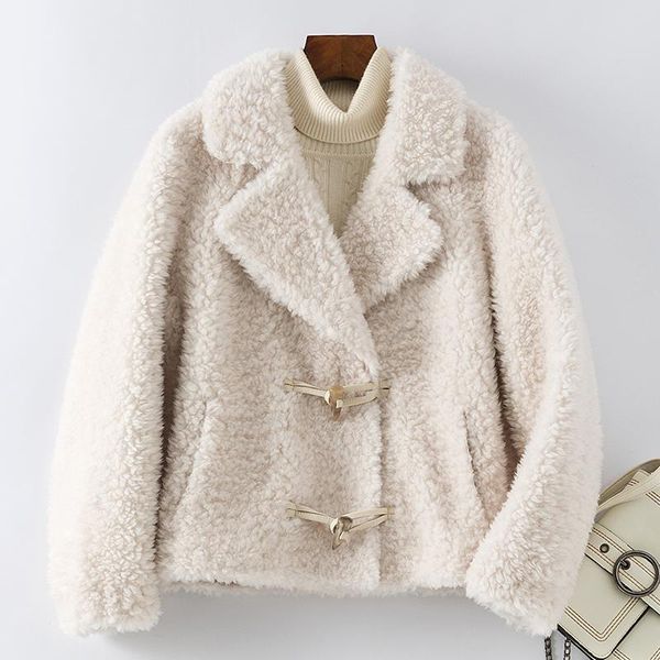 

women 2021 winter new fashion real sheep shearing coats female short natural lamb fur outwears ladies loose warm jackets v166, Black
