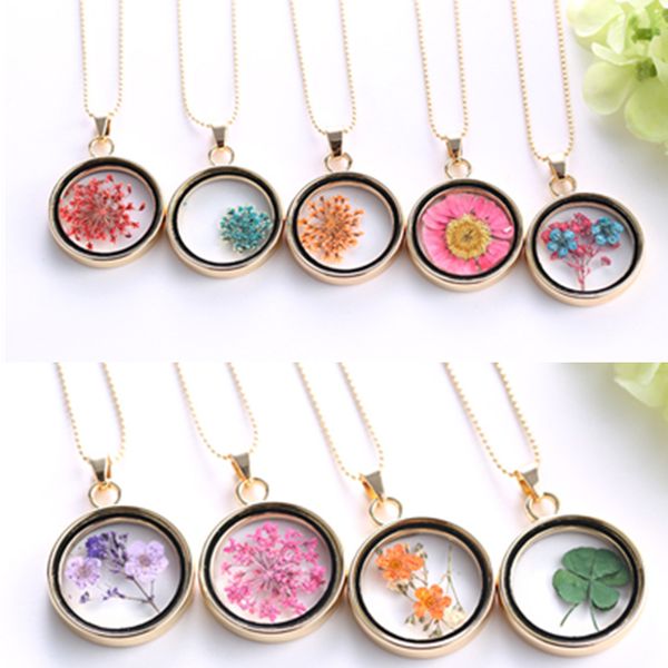 

dried flower necklace dried plant flower secret garden crystal perfume bottle pendant chains fashion four-leaf clover jewelry for women, Silver