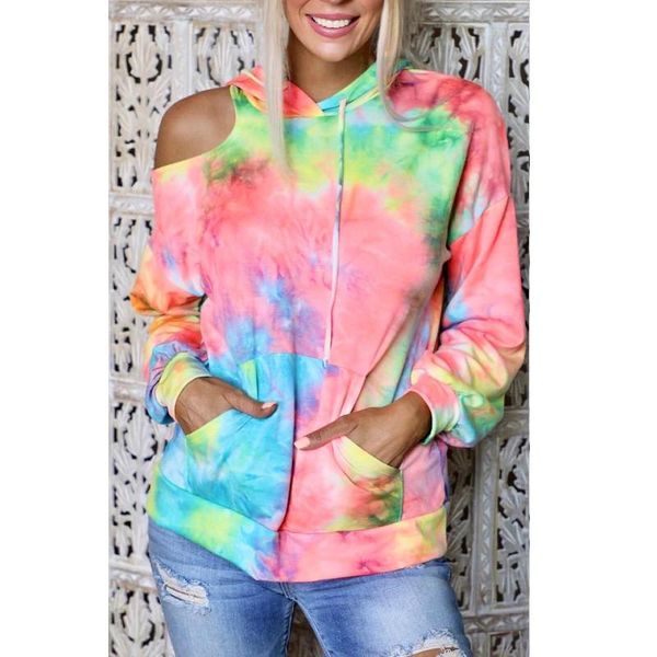 

women's tie-dyed hooded sweatshirt long sleeve rainbow color one off shoulder casual pullover autumn, Black