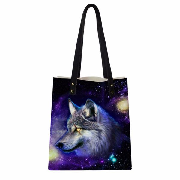 

customized galaxy wolf printed women handbag high capacity pu leather ladies shopping bag reusable girls book bag with wallet