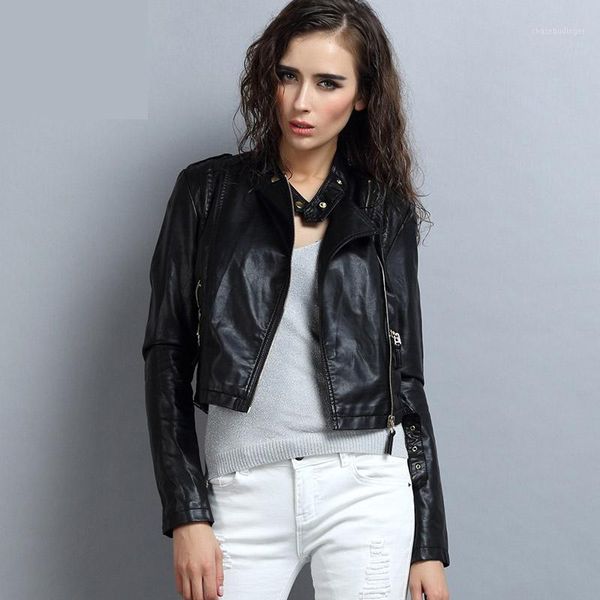 

2019 spring and autumn leather clothing female short design pu motorcycle leather coat color block slim faux jacket1, Black