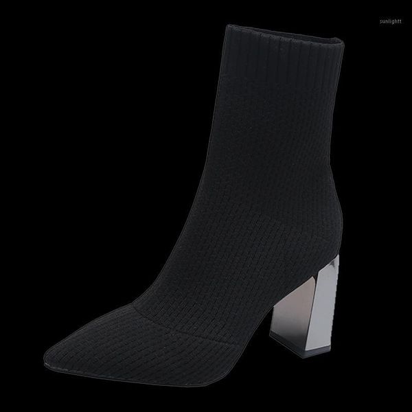 

boots black 8cm metal square heels cotton socks women stretch fabric pointed toe shoes ankle for woman boats1