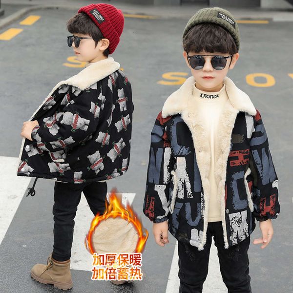 

plush thickened boys' cartoon lapel 2020 new children's winter coat et middle and small children, Black