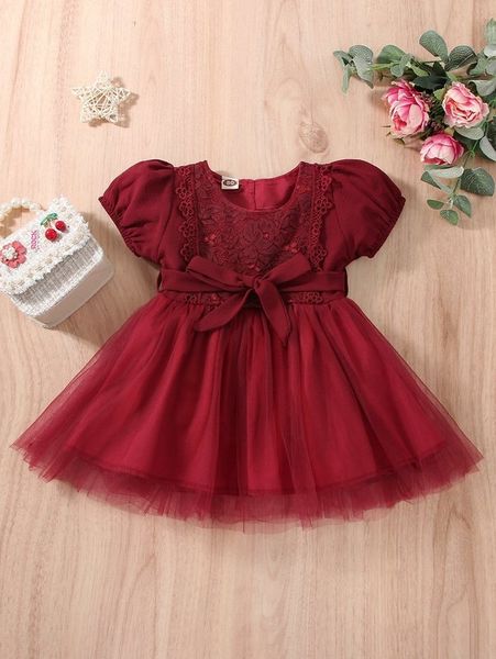 

baby contrast lace belted mesh hem dress she, Red;yellow