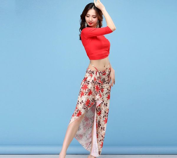 

2019 sell 2 piece women bellydance costume printed side slit long skirt modal bouse team dance show wear xl, Black;red