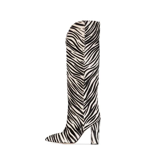 

stripe zebra printing knee high boots women horse hair pointed toe high heels shoes ladies thick heel botines, Black